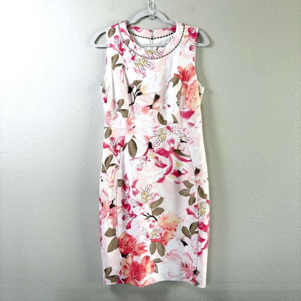 Calvin Klein Sheath Dress Women 12 Pink Floral Pearl Accent Neckline Sleeveless